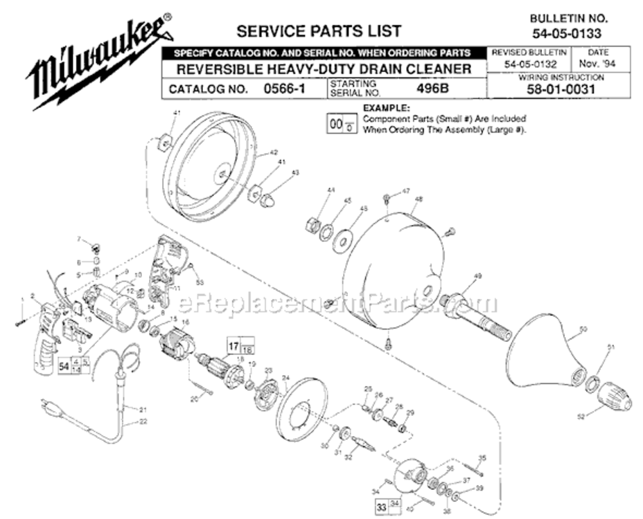 Page A Diagram and Parts List for 0566-1 SER 496B Milwaukee Drain Cleaner