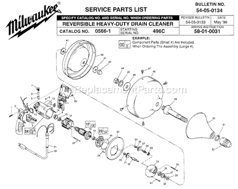 Page A Diagram and Parts List for 0566-1 SER 496C Milwaukee Drain Cleaner