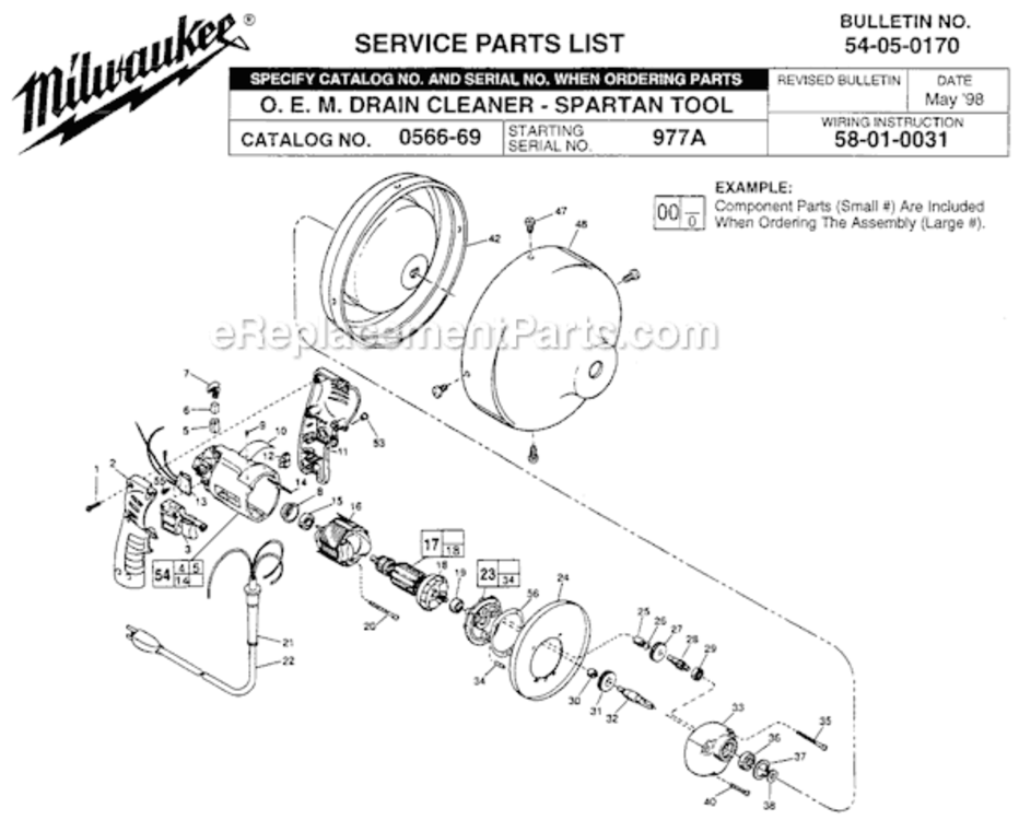 Page A Diagram and Parts List for 0566-69 SER 977A Milwaukee Drain Cleaner