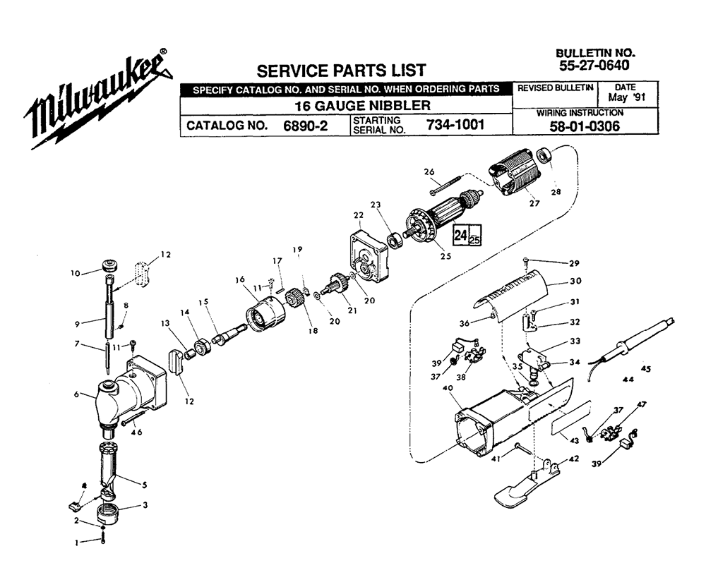 Fig-0 Diagram and Parts List for 6890-2 734-1001 Milwaukee Nibbler & Shears