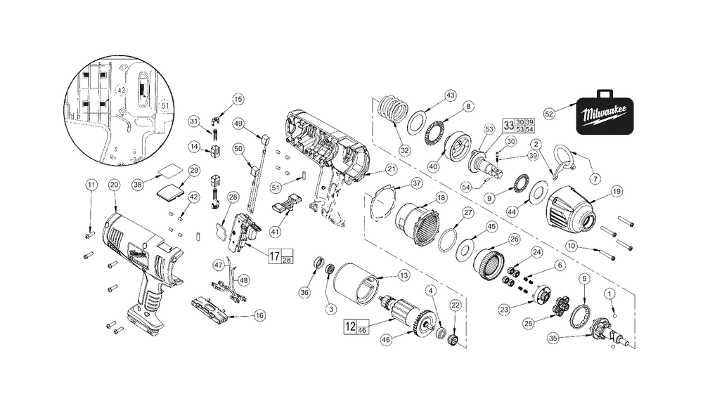 Cordless 1/2-Inch Impact Wrench Diagram and Parts List for 0779-20 A58C Milwaukee Wrench