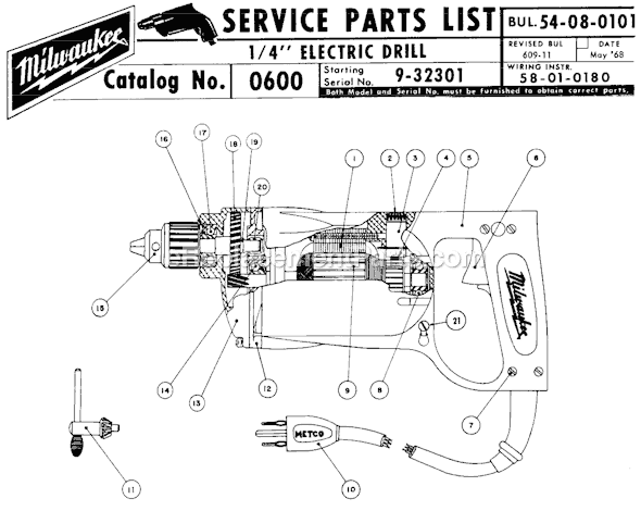 Page A Diagram and Parts List for 0600 SER 9-32301 Milwaukee Electric Drill