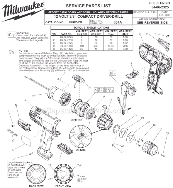 Page A Diagram and Parts List for 0602-22 SER 307A Milwaukee Cordless Drill