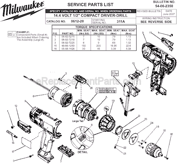 Page A Diagram and Parts List for 0612-20 SER 311A Milwaukee Cordless Drill