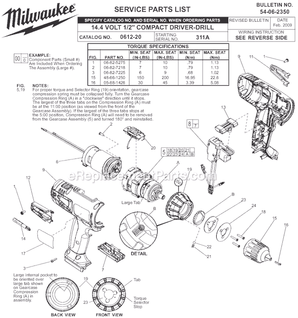 Page A Diagram and Parts List for 0612-22 SER 311A Milwaukee Cordless Drill
