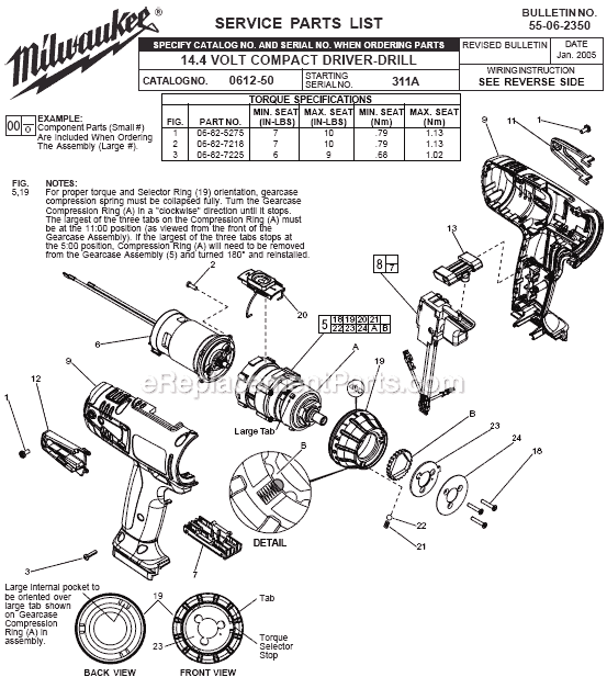 Page A Diagram and Parts List for 0612-50 SER 311A Milwaukee Cordless Drill