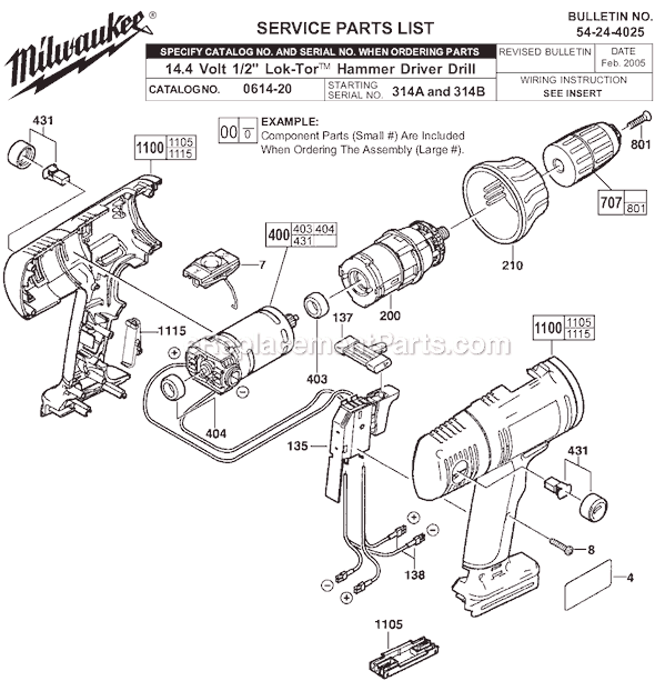 Page A Diagram and Parts List for 0614-20 SER 314A and 314B Milwaukee Cordless Drill