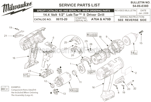 Page A Diagram and Parts List for 0615-20 SER A76A Milwaukee Cordless Drill