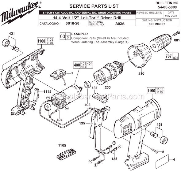 Page A Diagram and Parts List for 0616-20 SER A02A Milwaukee Cordless Drill