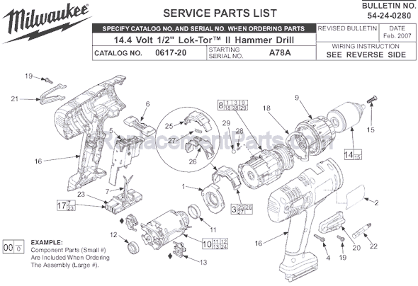 Page A Diagram and Parts List for 0617-20 SER A78A Milwaukee Hammer Drill