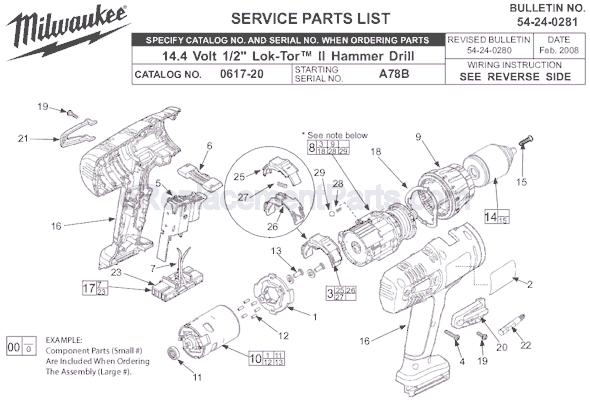 Page A Diagram and Parts List for 0617-20 SER A78B Milwaukee Hammer Drill