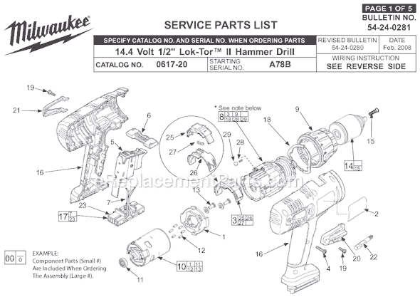 Page A Diagram and Parts List for 0617-24 SER A78B Milwaukee Hammer Drill