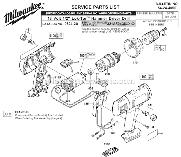 Page A Diagram and Parts List for 0624-20 SER 321A Milwaukee Hammer Drill