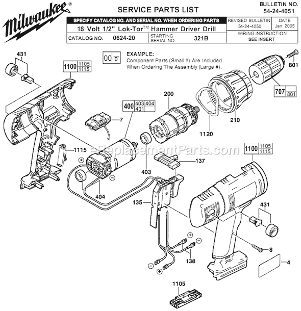 Page A Diagram and Parts List for 0624-20 SER 321B Milwaukee Cordless Drill