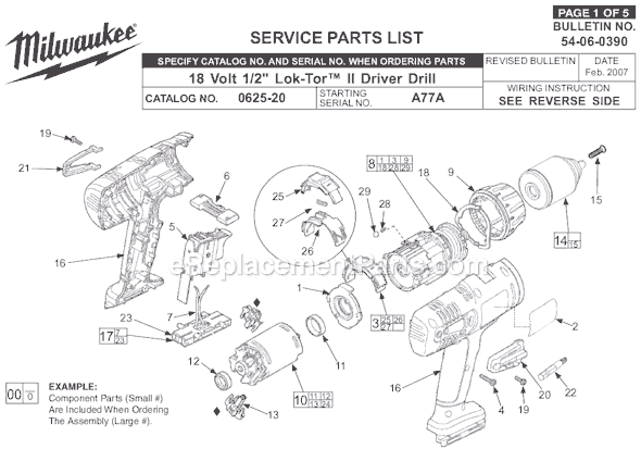 Page A Diagram and Parts List for 0625-24 SER A77A Milwaukee Cordless Drill