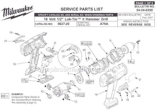 Page A Diagram and Parts List for 0627-24 SER A79A Milwaukee Hammer Drill