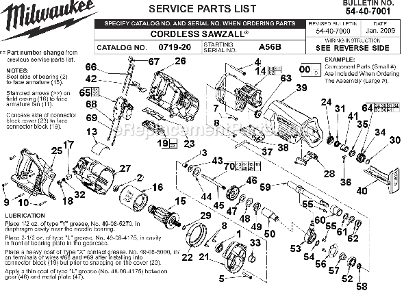 Page A Diagram and Parts List for 0719-22 SER A56B Milwaukee Reciprocating Saw