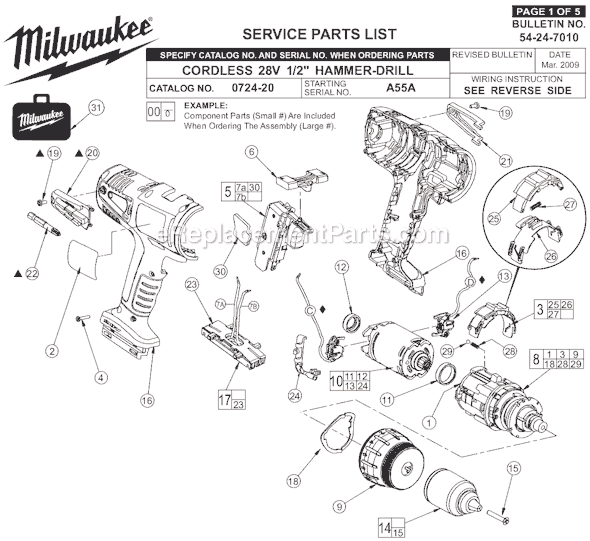 Page A Diagram and Parts List for 0724-24 SER A55A Milwaukee Hammer Drill