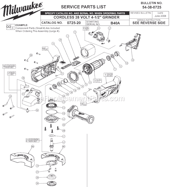 Page A Diagram and Parts List for 0725-21 SER B40A Milwaukee Angle Grinder