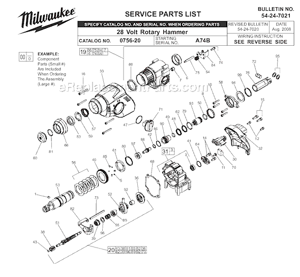 Page A Diagram and Parts List for 0756-20 SER A74B Milwaukee Demolition Hammer