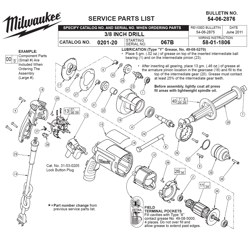 Fig-0 Diagram and Parts List for 0201-20 067B Milwaukee Electric Drill
