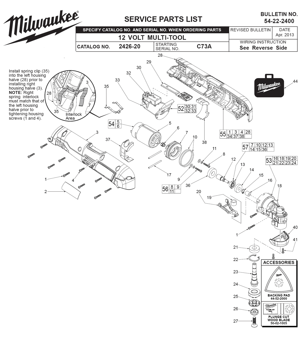Fig-0 Diagram and Parts List for 2426-22 C73A Milwaukee Multi-Tool