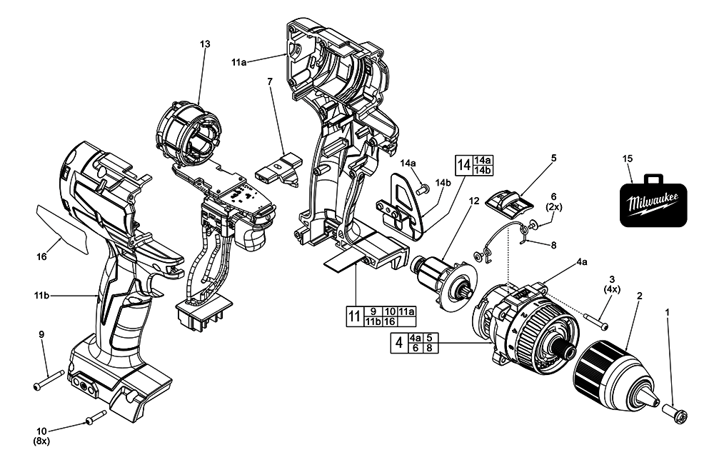 Fig-0 Diagram and Parts List for 2801-20 J86A Milwaukee Electric Drill