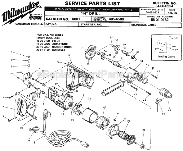 Page A Diagram and Parts List for 0801 SER 485-6500 Milwaukee Electric Drill