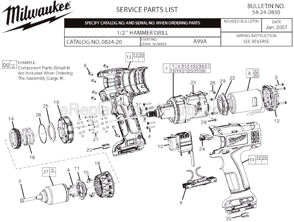 Page A Diagram and Parts List for 0824-20 SER A99A Milwaukee Hammer Drill