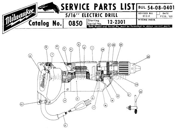 Page A Diagram and Parts List for 0850 SER 12-2301 Milwaukee Electric Drill