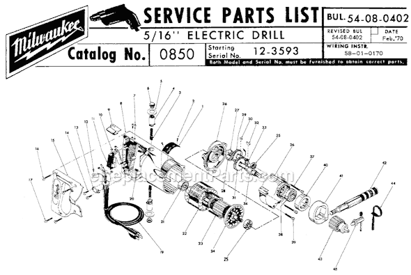 Page A Diagram and Parts List for 0850 SER 12-3593 Milwaukee Electric Drill