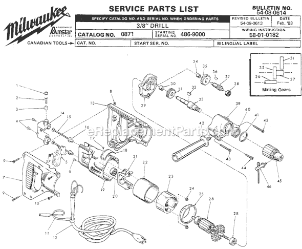 Page A Diagram and Parts List for 0871 SER 486-9000 Milwaukee Electric Drill