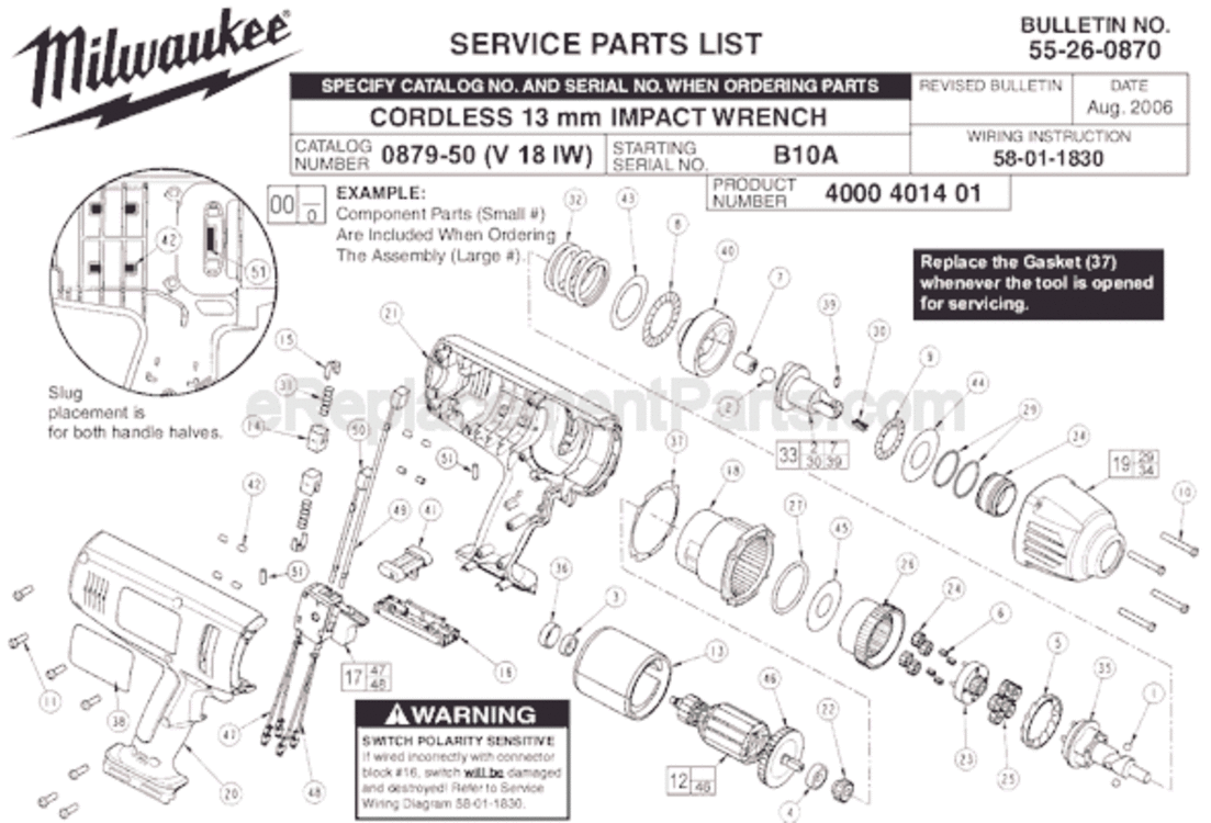 Page A Diagram and Parts List for 0879-50 SER B10A Milwaukee Impact Driver