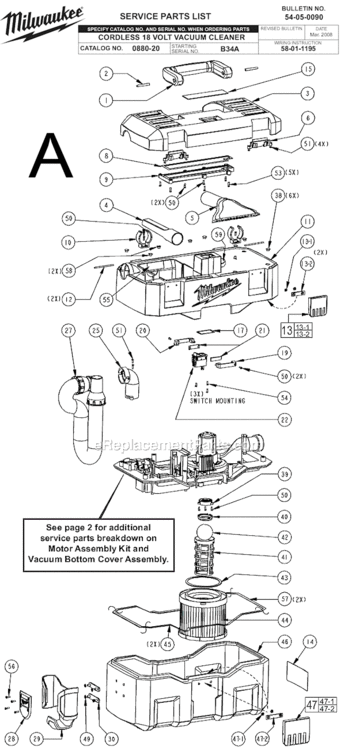 Page A Diagram and Parts List for 0880-20 SER B34A Milwaukee Utility Vacuum