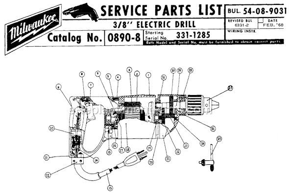 Page A Diagram and Parts List for 0890-8 SER 331-1285 Milwaukee Electric Drill