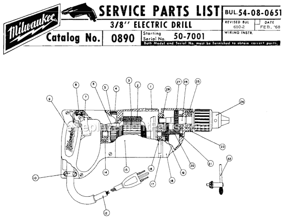 Page A Diagram and Parts List for 0890 SER 50-7001 Milwaukee Electric Drill