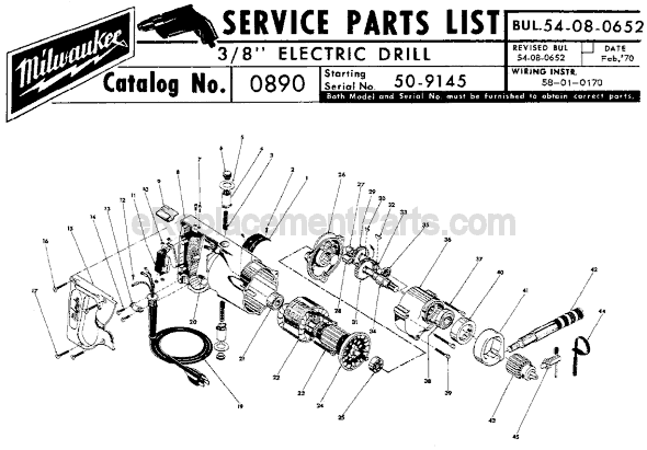 Page A Diagram and Parts List for 0890 SER 50-9145 Milwaukee Electric Drill