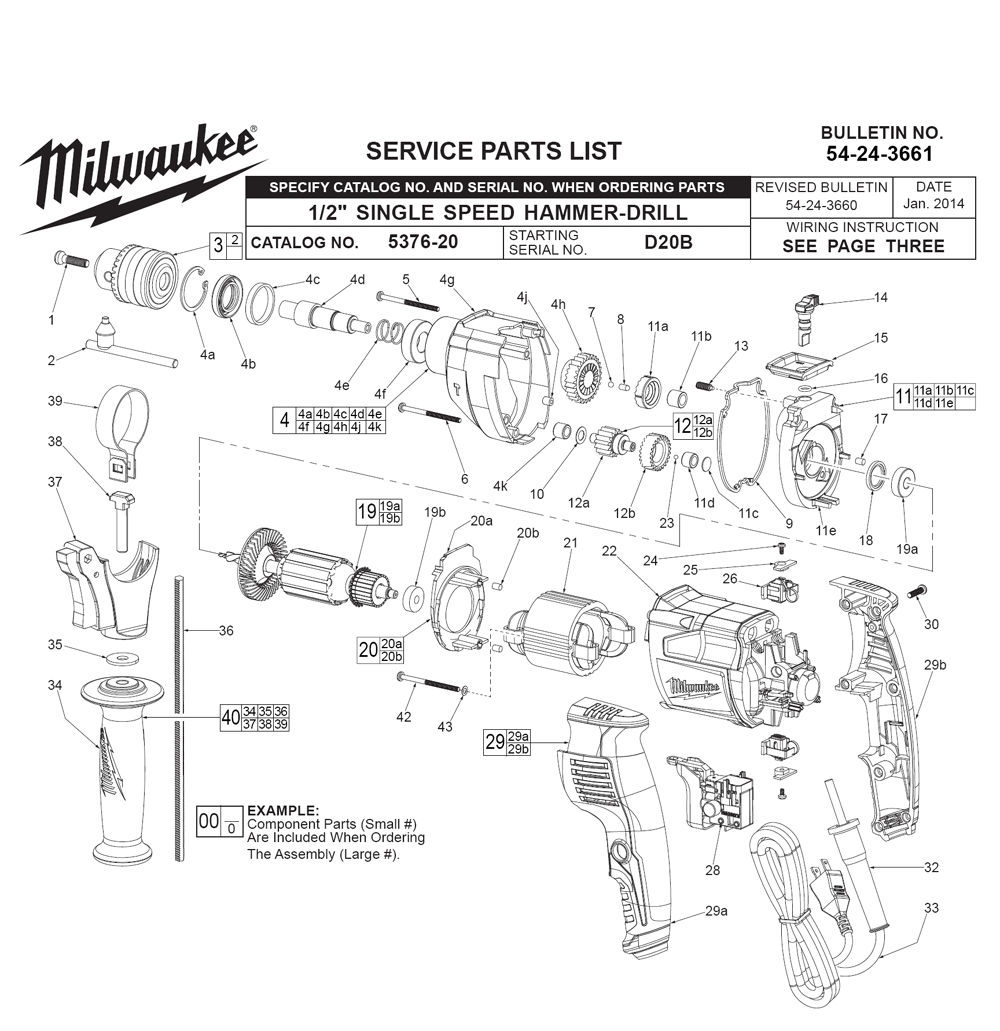 Fig-0 Diagram and Parts List for 5376-20 D20B Milwaukee Hammer Drill