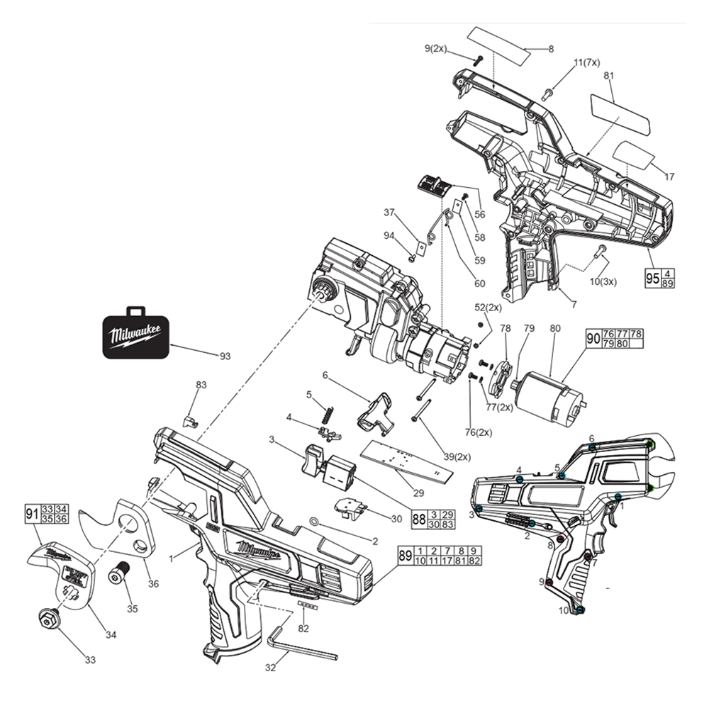 Fig-0 Diagram and Parts List for 2472-059 E81A Milwaukee Nibbler & Shears