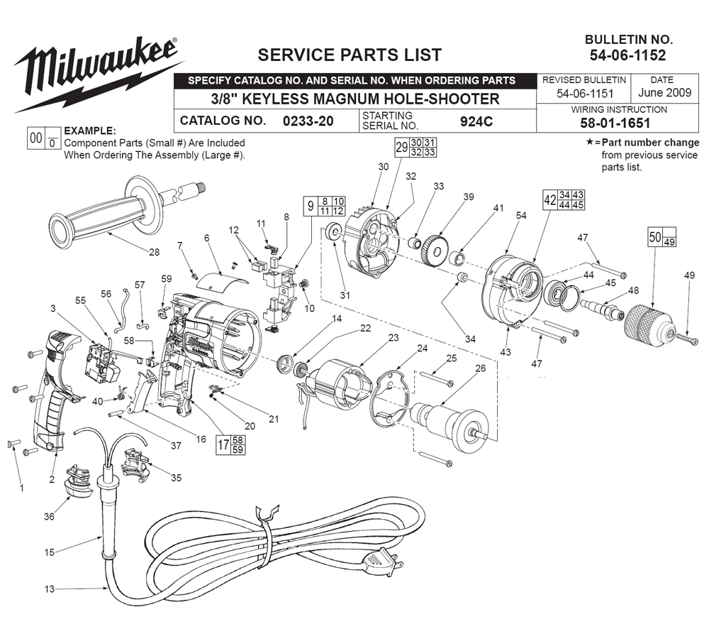 Fig-0 Diagram and Parts List for 0233-20 924C Milwaukee Electric Drill