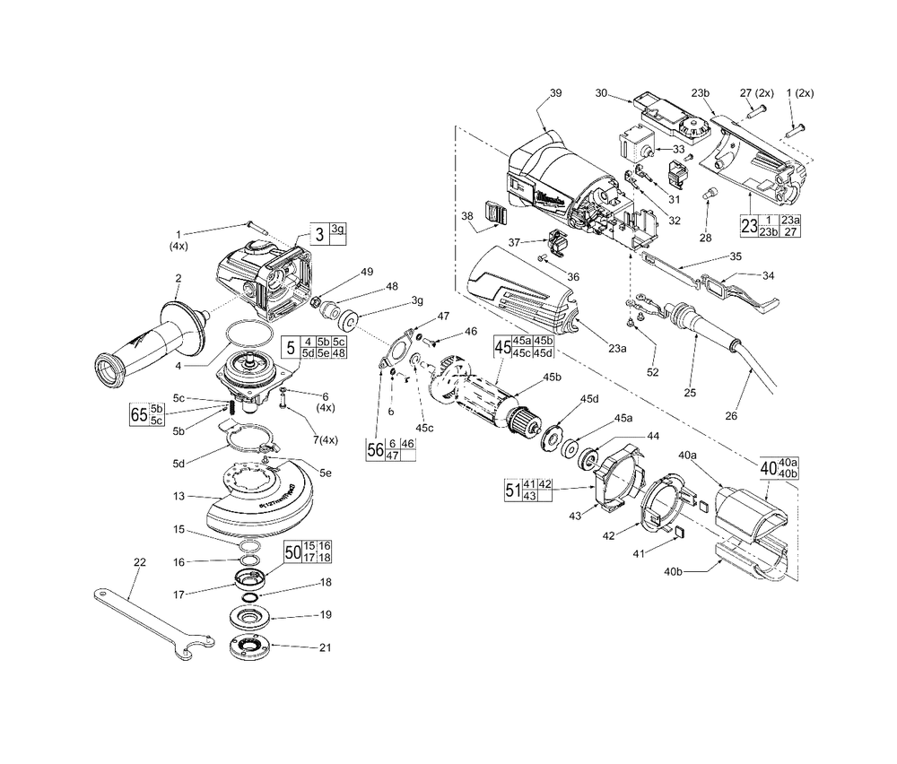 125mm Hp Angle Grinder With Slide Switch And Speed Dial Diagram and Parts List for 6117-59 D12C Milwaukee Angle Grinder