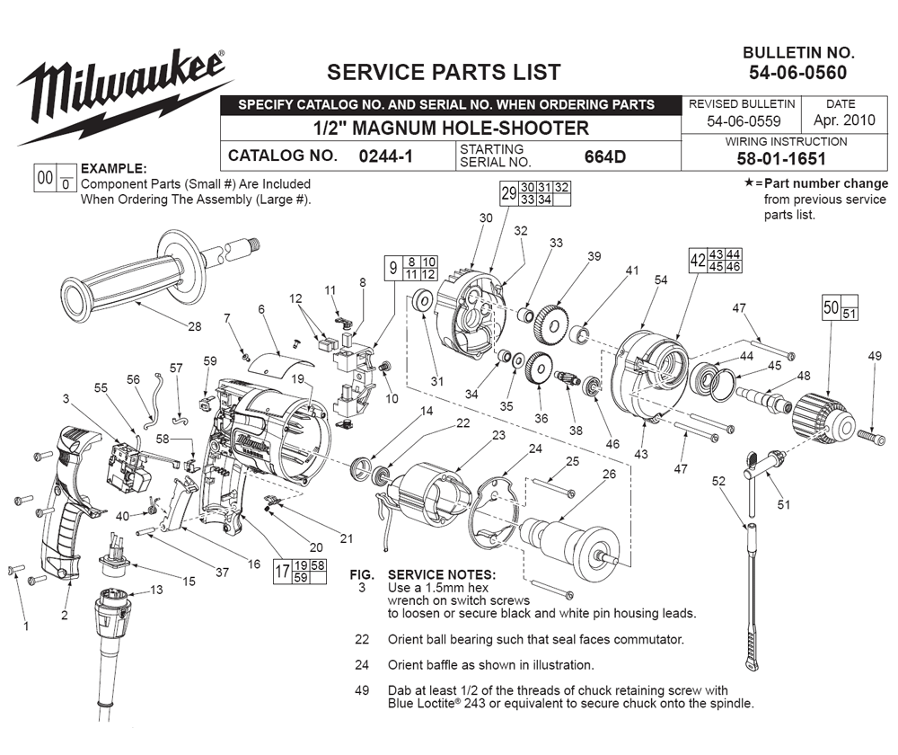 Fig-0 Diagram and Parts List for 0244-1 664D Milwaukee Electric Drill
