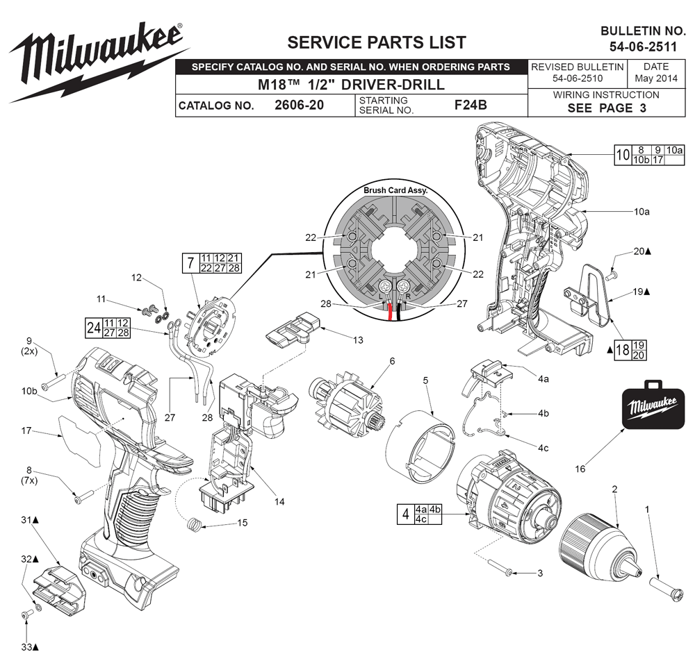 Fig-0 Diagram and Parts List for 2606-22CT F24B Milwaukee Cordless Drill