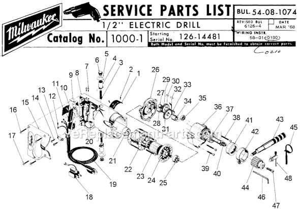 Page A Diagram and Parts List for 1000-1 SER 126-14481 Milwaukee Electric Drill