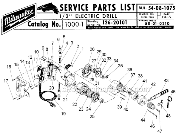 Page A Diagram and Parts List for 1000-1 SER 126-20101 Milwaukee Electric Drill