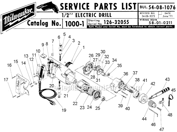 Page A Diagram and Parts List for 1000-1 SER 126-32055 Milwaukee Electric Drill