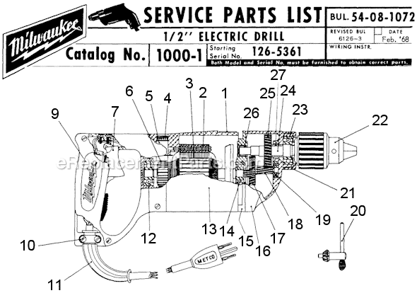 Page A Diagram and Parts List for 1000-1 SER 126-5361 Milwaukee Electric Drill