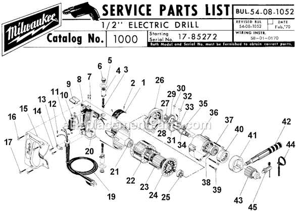 Page A Diagram and Parts List for 1000 SER 17-58272 Milwaukee Electric Drill