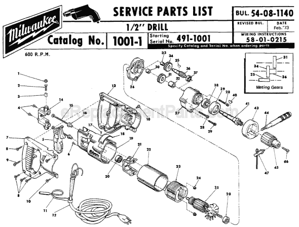 Page A Diagram and Parts List for 1001-1 SER 491-1001 Milwaukee Electric Drill