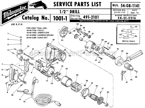 Page A Diagram and Parts List for 1001-1 SER 491-2101 Milwaukee Electric Drill